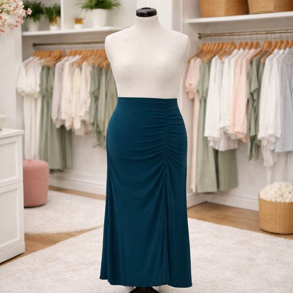 Convertible Teal Maxi Skirt / Strapless Dress Ruched High Slit Size Large NWOT
